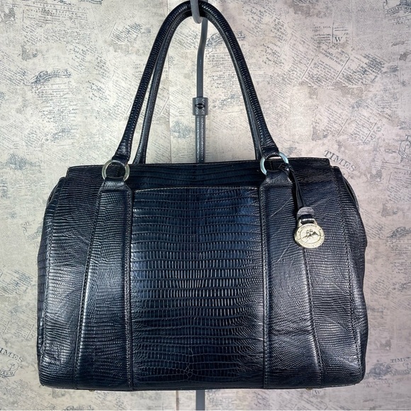 Brahmin black reptile embossed leather satchel bag - Picture 1 of 14